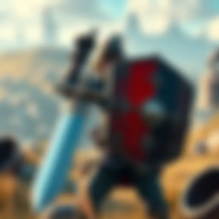 Sword and Shield in a Game Setting A character holding a Sword and Shield in a fantasy landscape, showing readiness for battle.