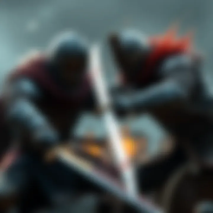 A close-up of two warriors engaged in sword combat, showcasing the skill and techniques used, with attention to footwork and defense.