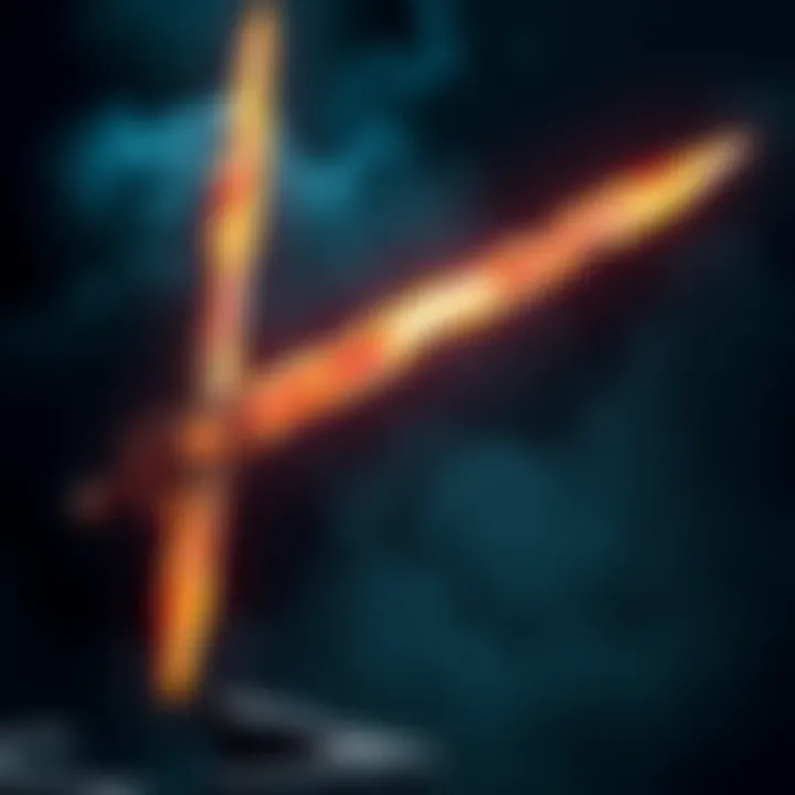 A powerful sword glowing with energy, resting on a stone pedestal, surrounded by a dark, ominous atmosphere.