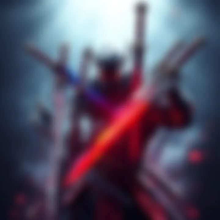 A warrior showcasing various swords in a battle stance, highlighting the relationship between melee stats and sword effectiveness.