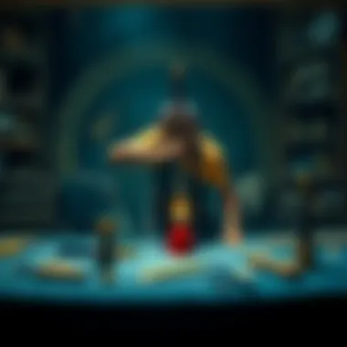 A character in a fantasy setting struggles to reshape their sword at a crafting table with various tools around.