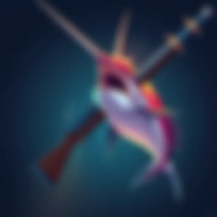 A stylized illustration of a swordfish holding a shotgun, symbolizing a mix of sea and weaponry concepts.
