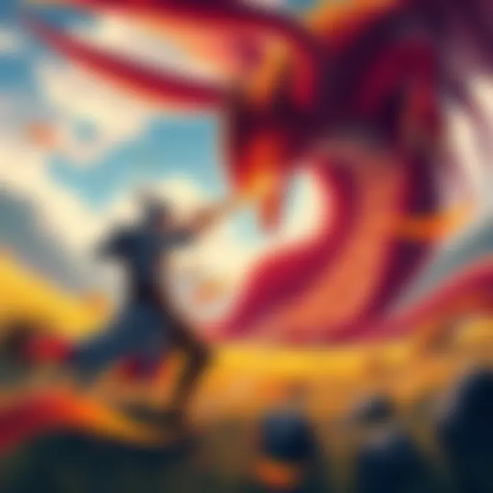 A swordman fighting a tempered Seregios in Area 13 of the Windward Plains, with vibrant scenery around