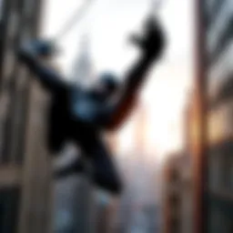 Peter Parker in his black symbiote suit swinging between buildings in a city skyline, representing his character in Spider-Man 2