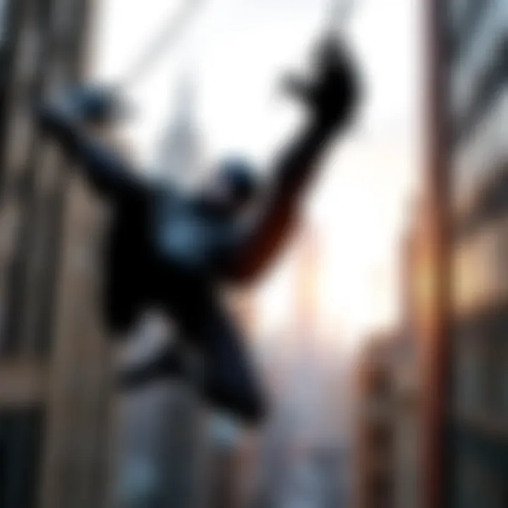Symbiote Peter Parker swings through the city Peter Parker in his black symbiote suit swinging between buildings in a city skyline, representing his character in Spider-Man 2