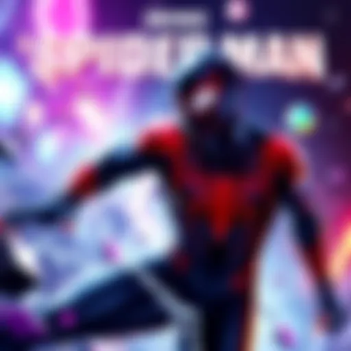 A digital illustration of Symbiote Spider-Man, showing him in an action pose, highlighted by a colorful background of gaming elements, representing the controversy over the 2021 battle pass.