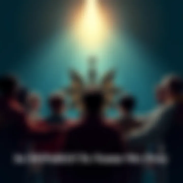 A group of diverse people holding hands in a circle, surrounded by symbols of different beliefs, with a light shining above them, representing unity and cultural significance.