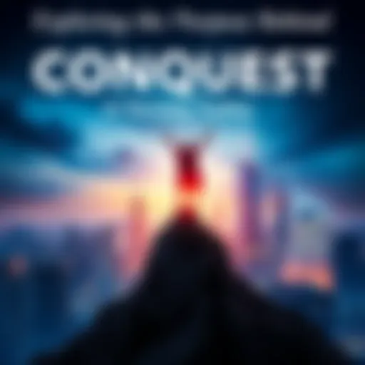 An image showing a modern city skyline with a figure standing triumphantly on a hill, symbolizing conquest and ambition in society.