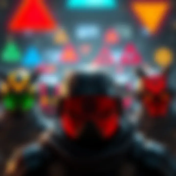 A screenshot showing various symbols like triangles above enemy characters in a video game, illustrating how players interpret them in combat.