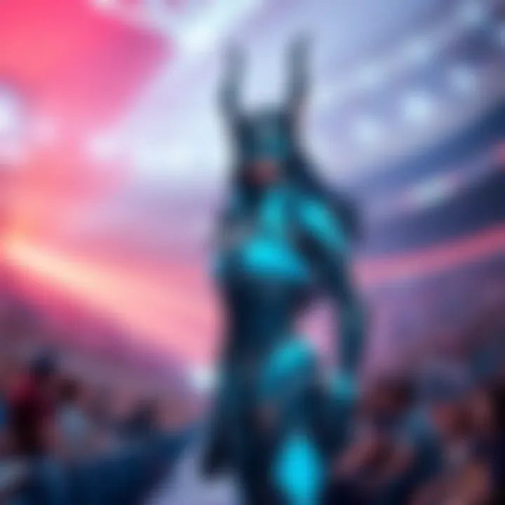 A digital representation of the character Symmetra in a vibrant stadium filled with cheering fans, showcasing her unique outfit and powers.