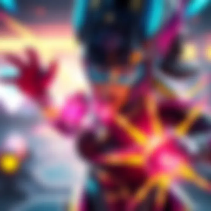 A close-up of a character named Symmetra using her abilities in a game setting, surrounded by bright colors and futuristic elements.