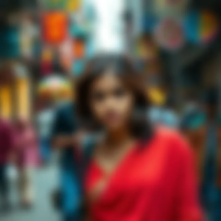 Syndicate Leader in Mumbai A woman walking through busy Mumbai streets with a focused expression, surrounded by colorful shops and bustling crowds.