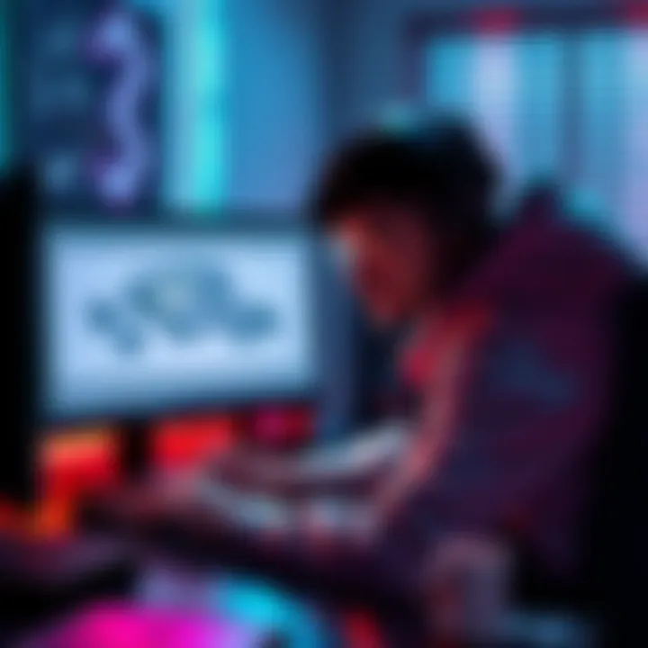 SypherPK at his desk with a computer and sketches of Project V on the screen