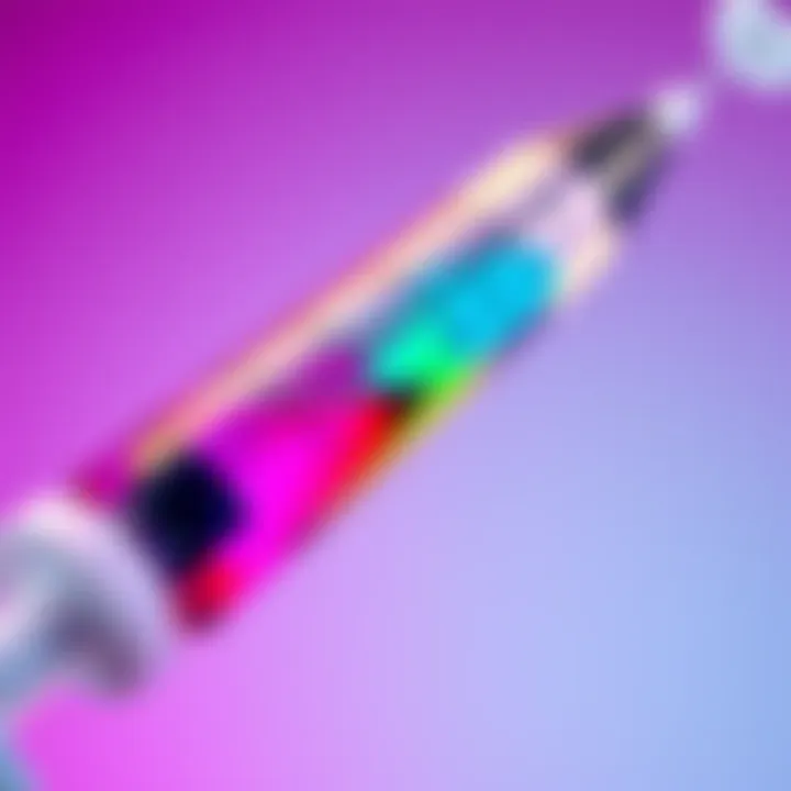 A close-up of a syringe filled with a colorful liquid, symbolizing the risks of injecting unknown substances