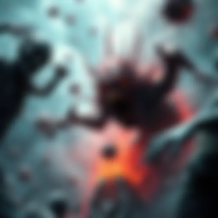 A visual representation of the T-Virus merging with Las Plagas, showing a chaotic scene with mutated creatures, resembling zombies and other transformations.
