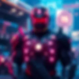 A gamer character wearing T5 armor, surrounded by glowing orbs representing power level boosts, with a game interface visible in the background.