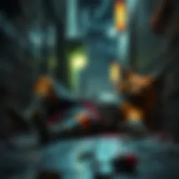 Tabaxi in Orc Gear A tall tabaxi lying unconscious in torn orc war gear, covered in blood, in a dimly lit alley.