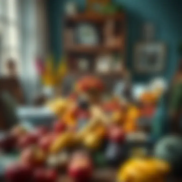 A dining table overflowing with various fruits, books, and pictures symbolizing abundance in life