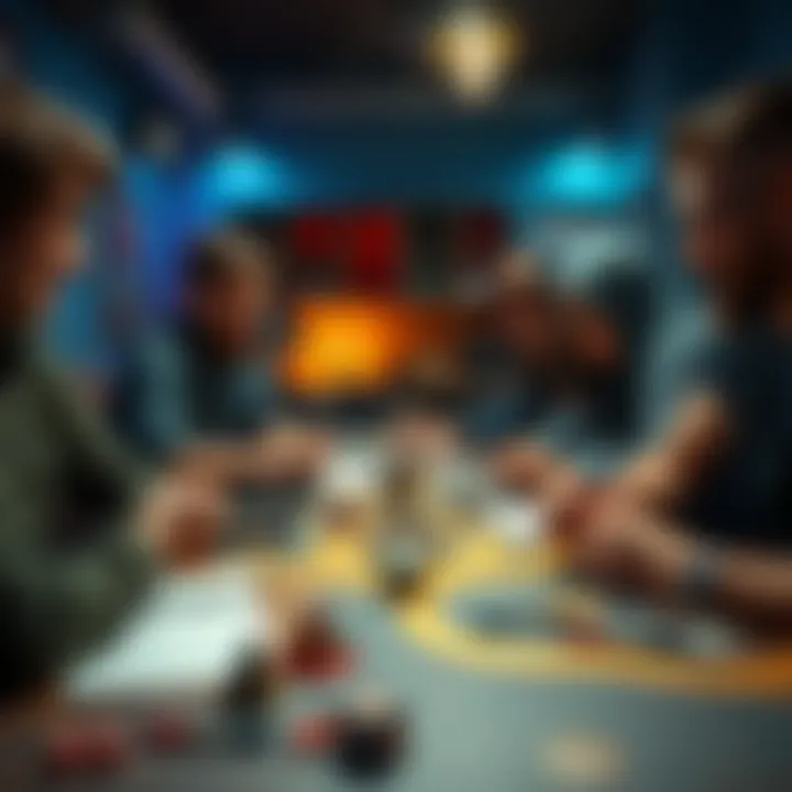 Group of friends engaged in a tabletop RPG session, surrounded by game materials and character sheets, with a focus on their dice and game board.