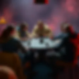 A group of six players around a tabletop playing a role-playing game, with two players appearing disengaged while the others are focused on the game.