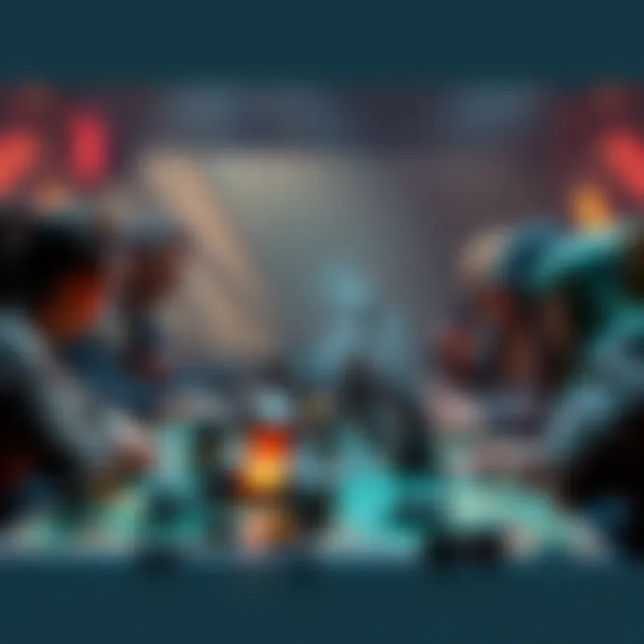 A group of people gathered around a table playing a tabletop role-playing game, focused on a dynamic combat scenario with character miniatures and dice.