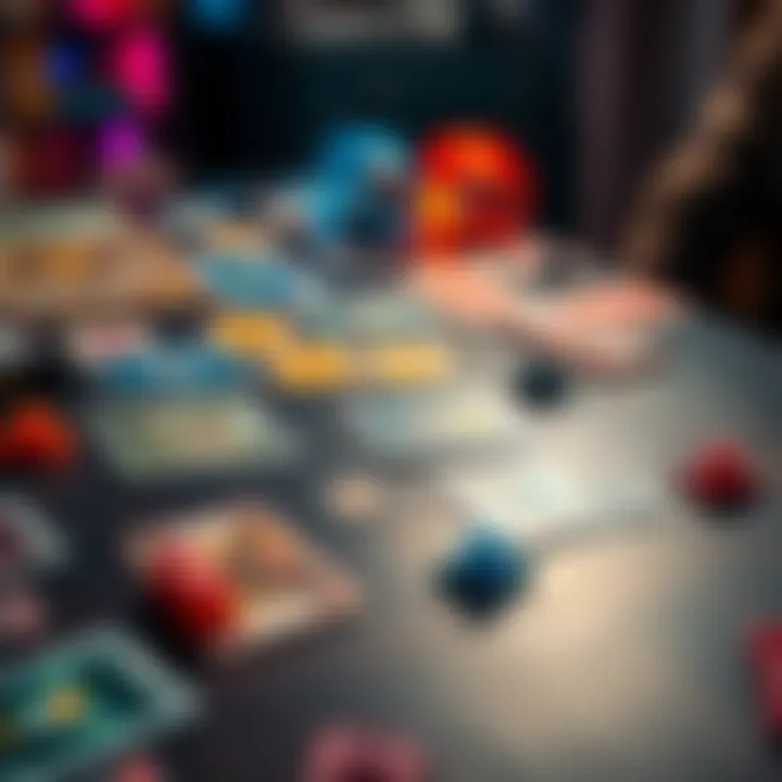 Colorful playing cards and clips organized on a table for tracking player initiatives in a game session