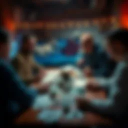 A group of friends gathered around a table, engaged in a tabletop roleplaying game with character sheets and dice scattered around, showing a mix of excitement and thoughtful discussion.