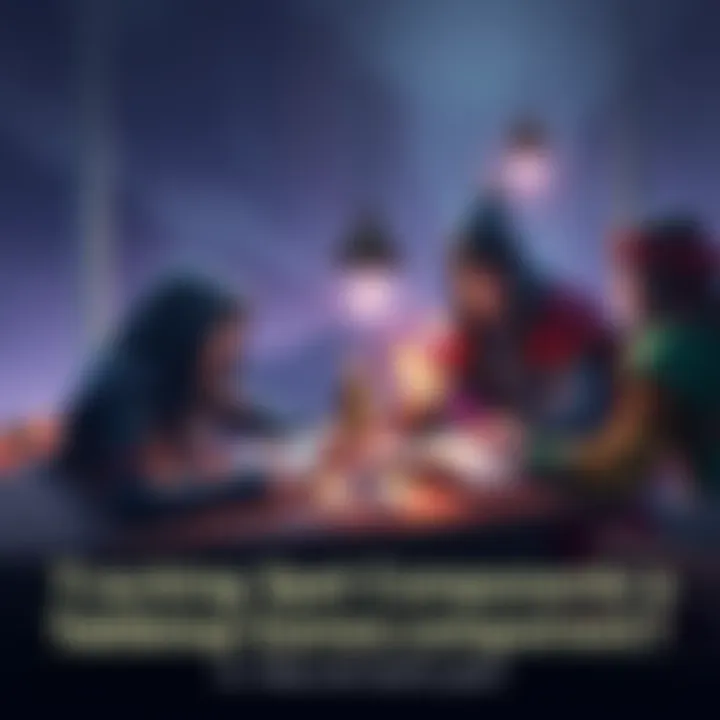 A scene of players gathered around a table, reviewing spell components in a game. One player examines a spellbook while others discuss the importance of tracking materials for casting spells.