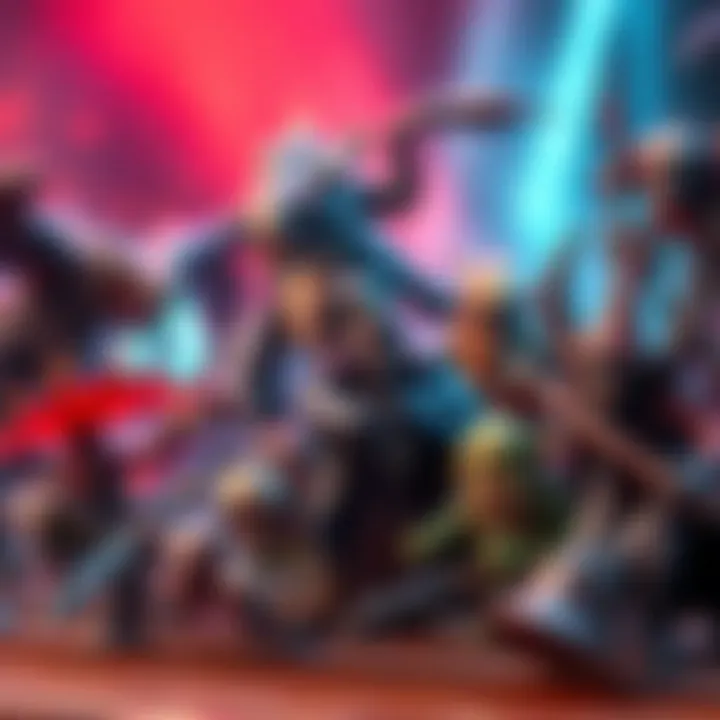 A colorful assortment of fantasy monsters like dragons, goblins, and wizards in a tabletop gaming setup.