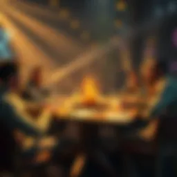 A group of people seated around a table with dice, character sheets, and game boards, discussing house rules for tabletop gaming.