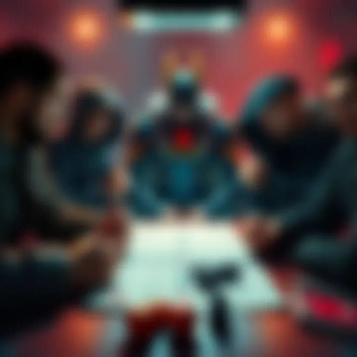 A group of players engaged in a tabletop RPG session, with a focus on a villain character representing the nemesis system, featuring a detailed character sheet and dice on the table.