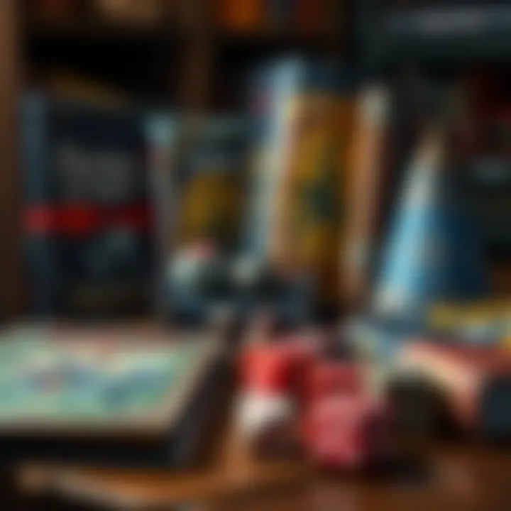 A collection of tabletop RPG books and dice representing popular games like Dungeon Crawl Classics and Symbaroum.