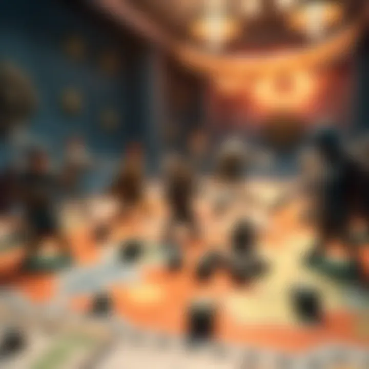 A group of players engaged in a tabletop RPG combat session, with character figures on a map and dice scattered around.