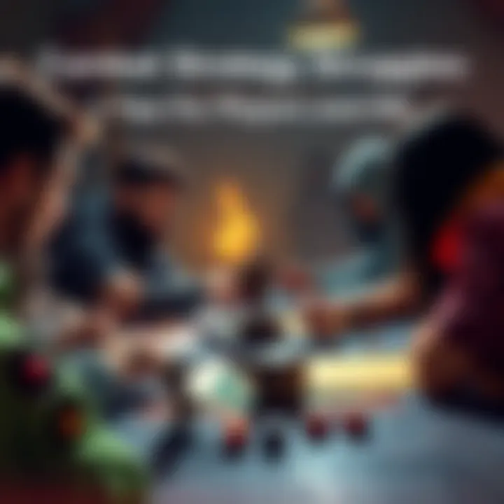 A group of players engaged in a tabletop RPG session, with character sheets and dice on the table, focused on a combat strategy discussion.