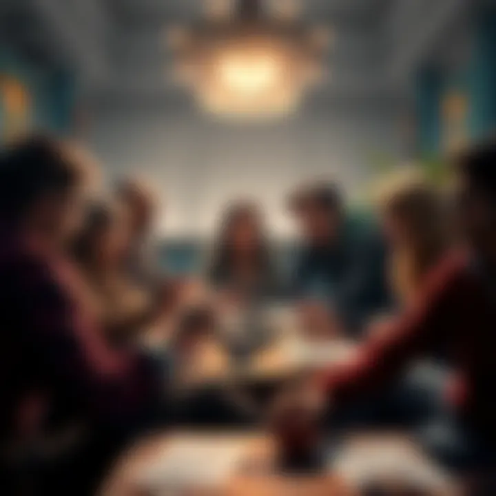 Tabletop RPG Players Discuss Game Rules A group of tabletop gamers gathered around a table, discussing RPG game mechanics with dice and character sheets visible.