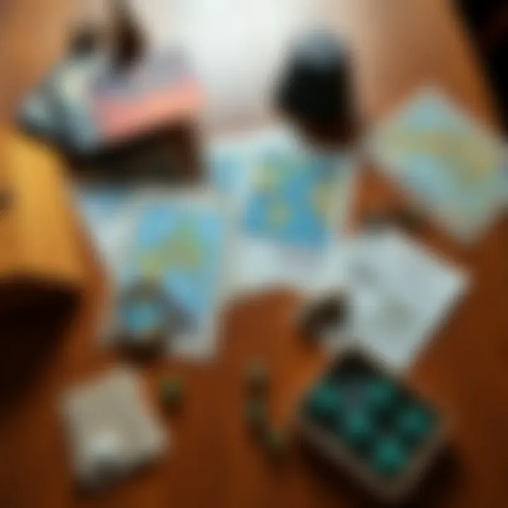 Tabletop RPG Encounter Kit A tabletop RPG setup featuring a no-prep encounter kit with game maps, character sheets, and dice scattered across a wooden table, showcasing easy-to-use game materials for DMs.
