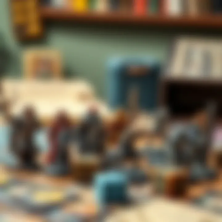 A collection of vintage tabletop miniatures representing characters from a nostalgic RPG game, arranged on a game table with dice and cards nearby.