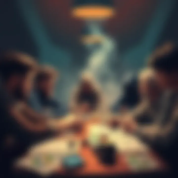 A group of people gathered around a table, sharing ideas and strategies for character development in a tabletop RPG, with dice and character sheets spread out.