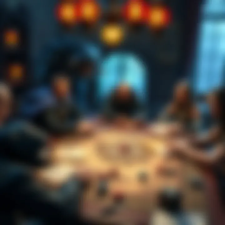 Tabletop RPG Game Setup A tabletop gaming scene with players around a board, featuring fantasy elements inspired by Nier and Monster Hunter, with character sheets and dice in use.