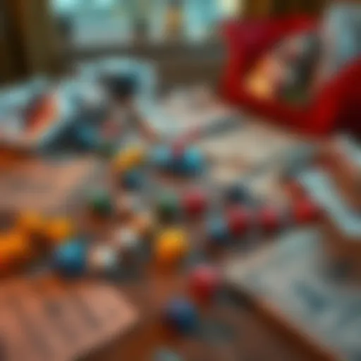 A cozy tabletop RPG scene featuring colorful dice, character sheets, and snacks scattered across the table, inviting newcomers to join in.
