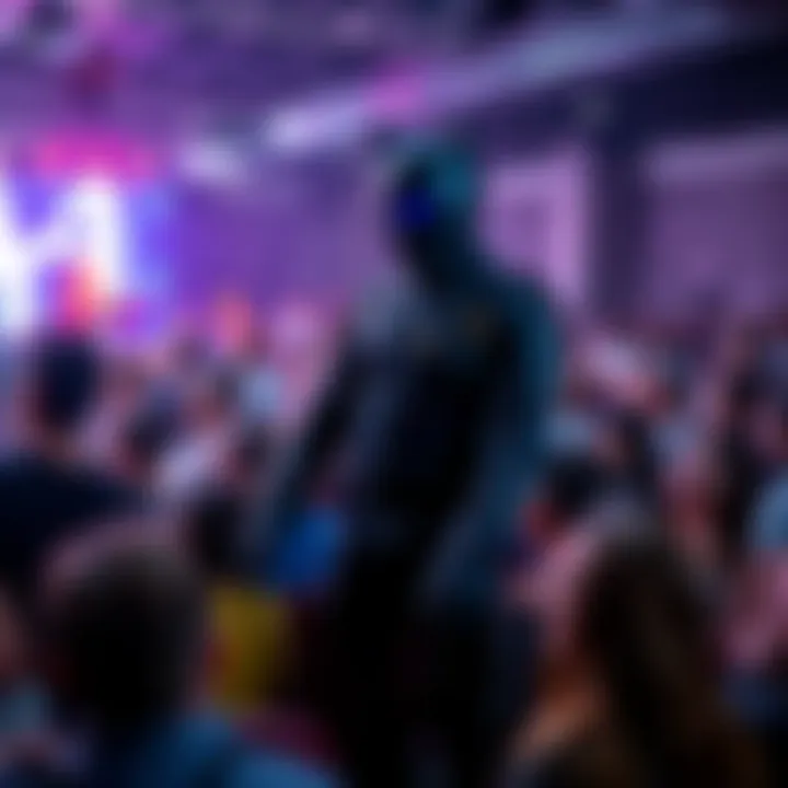 Crowd watches as a tactical catwoman suit is displayed during a livestream event, with attendees discussing its possible wearer.