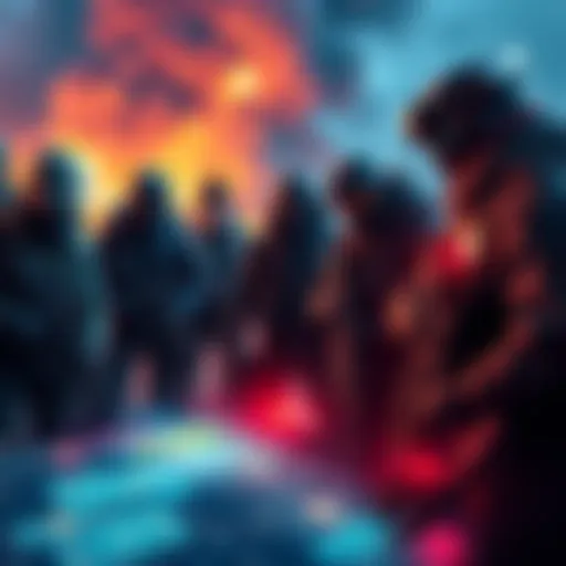Tactical Game Characters A group of diverse characters in tactical gear strategizing on a battlefield with a digital map in front of them.