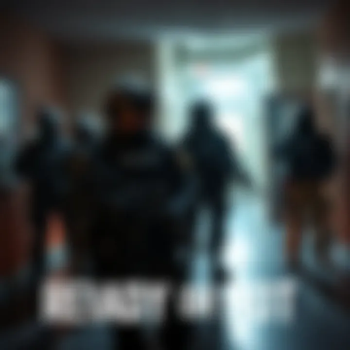 A squad of officers preparing for a SWAT mission in a dimly lit room, showcasing realistic tactical gear and teamwork elements, reminiscent of classic Rainbow Six.