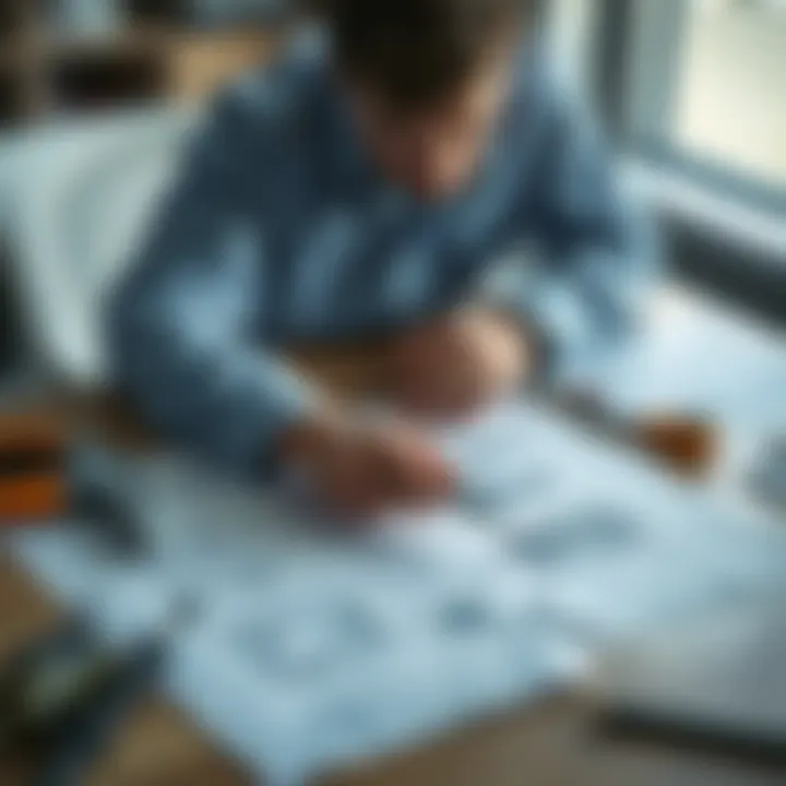 A person examining a detailed blueprint on a table with a map and tools around them, focused on tactical defense plans.