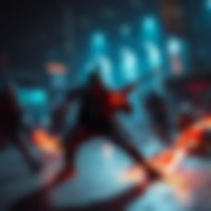 A character dodging an attack while showing low health in a video game battle scene