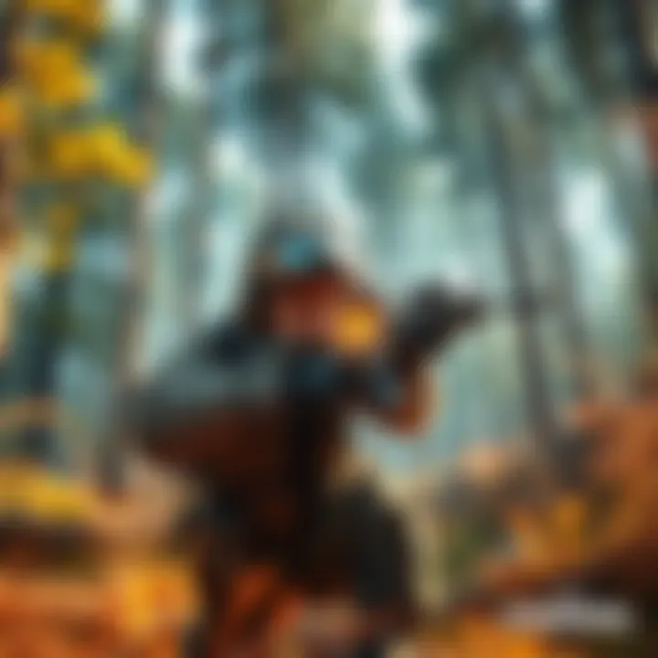 Tactical shooter game scene A character in a tactical outfit aiming a sniper rifle in a forest environment, showcasing a tactical shooter gameplay