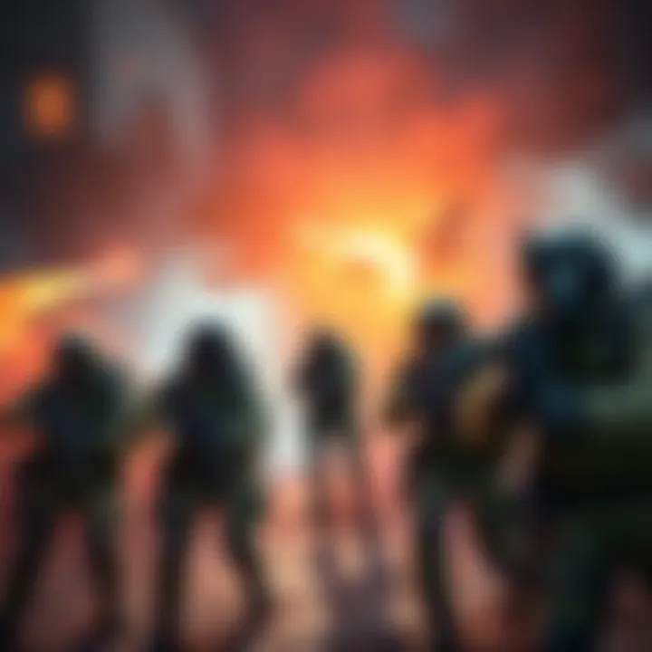A group of soldiers in tactical gear engaging in a third-person shooter game, showcasing intense action with vibrant graphics.