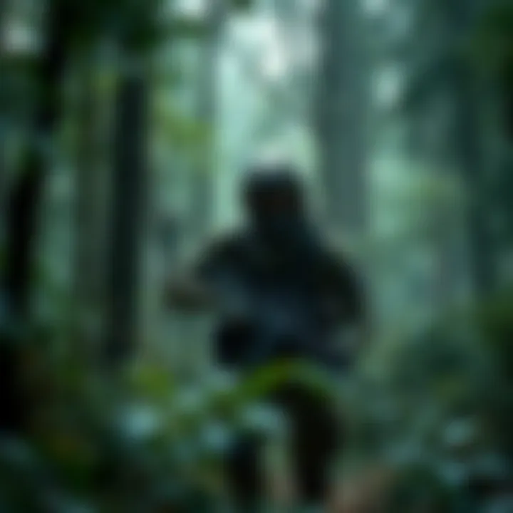 A character in tactical gear sneaks through a lush forest environment, showcasing cinematic stealth action in a video game.