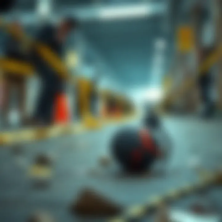 A tagging grenade carelessly left on the ground surrounded by caution tape and curious onlookers.