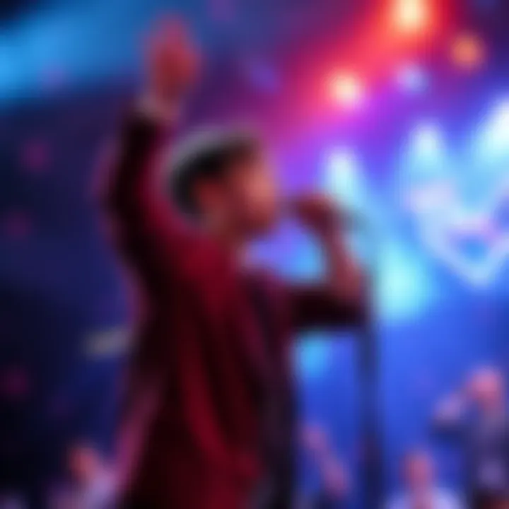 A young talent named Tailung performing confidently on stage with bright lights and an enthusiastic crowd